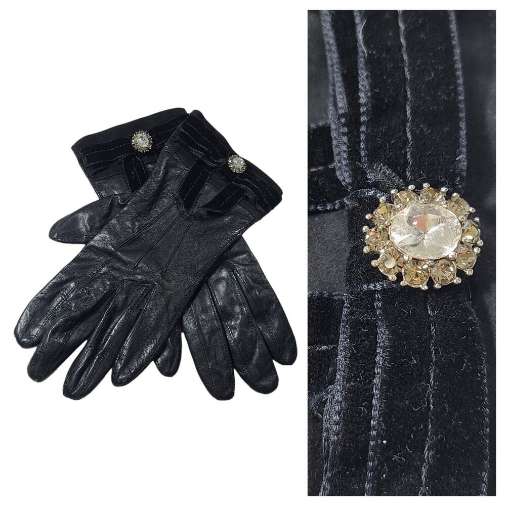 Vintage Y2K Coach Black Leather Gloves 7 Velvet Bow Rhinestone Silk Lined #2136
